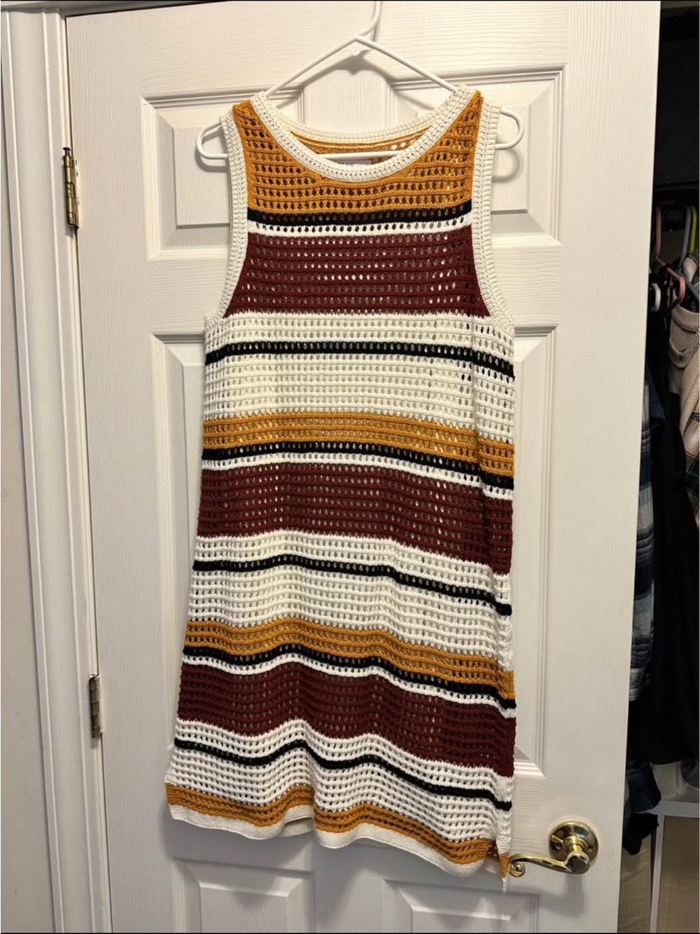 Sleeveless Crochet Stripe Dress in White, Mustard & Burgundy